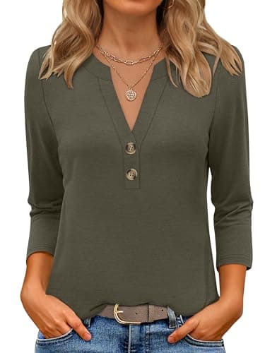 ANRABESS Women 3/4 Length Sleeve Henley Tops V Neck Business Casual Work T Shirts Cute Travel Shirt 2026 Spring Trendy Outfit Army Green X-Large
