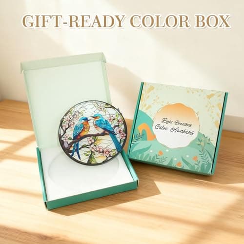 BYONIQUE Eastern Bluebird Stained Glass Suncatcher for Windows, 7.9-Inch Bird Decor with Cherry Blossoms, Bluebird Sun Catcher Gift for Bird Lovers, Symbol of Happiness and Good Luck - Thumbnail 4