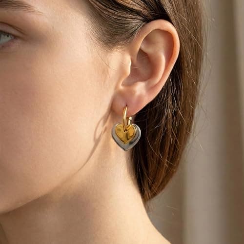 FAMARINE Gold and Silver Heart Hoop Earrings Two Tone Heart Drop Earrings for Women Valentines Earrings Gift - Thumbnail 2