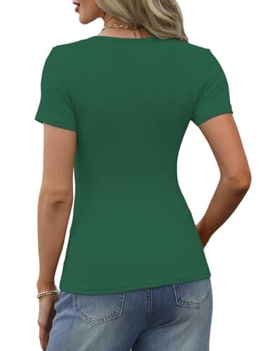 GKBK Womens Summer Tops Short Sleeve Henley Shirts Ribbed Knit Scoop Neck Tshirt Casual Basic Slim Tee Forest Green S - Thumbnail 4
