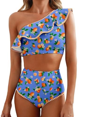 Herseas Two Piece Bikini Sets for Women One Shoulder Ruffle Hem Girls High Rise Cute Swim Suits 2026 Modest Wire Free Bathing Suits Blue Lemon Print Beach Vacation Clothes X-Large - Image 1