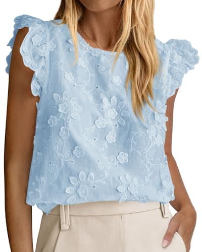 KIRUNDO Blouses for Women Dressy Casual Lace Ruffle Cap Sleeve Tops 2026 Summer Eyelet Floral Embroidered Cute Boho Shirts(Light Blue, Large) - Image 1