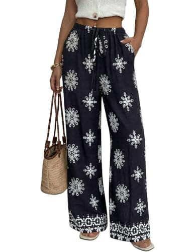 LOOKBOHO Wide Leg Pants Woman Flowy Printed Palazzo Pants for Women High Waisted Summer Trousers with Pockets Black Floral XXL - Image 1