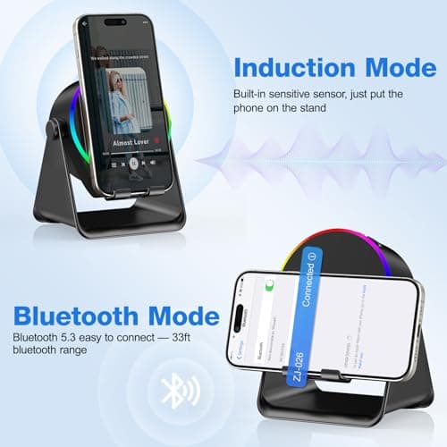 TARKARI Wireless Induction Speaker, 5 in 1 Bluetooth Speaker, 360° Rotation Cell Phone Stand and Colorful Ambient Light, Compatible with iPhone iPad Android Tablet, Birthday Gifts for Him Women Men - Thumbnail 4