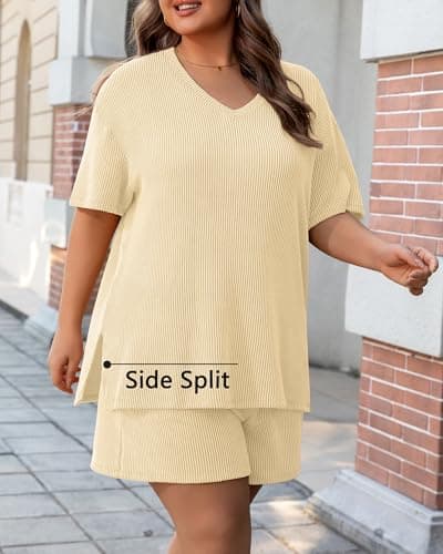 Charmo Short Sets for Women Plus Size Summer Outfits Short Sleeve Tops Elastic Waisted Shorts Matching Pajama Sets Apricot 1X - Thumbnail 2