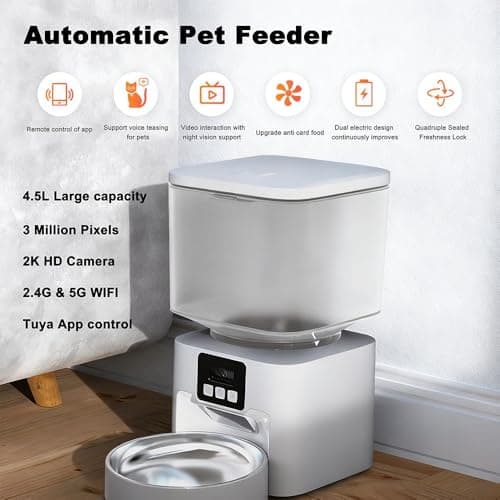 Smart Automatic Pet Feeder with 2K HD Camera & Night Vision, 4.5L Large Capacity, Anti-Jam System, Voice Recorder, Dual Power, App Control, Programmable Feeding for Cats/Dogs (White) - Thumbnail 4