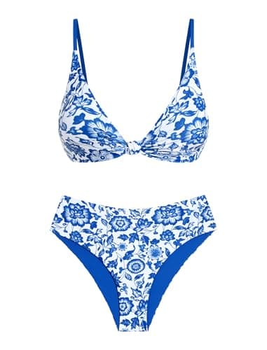 ZAFUL High Waisted Bikini Sets for Women Texture Push Up 2 Piece Swimsuit Knot Front V Neck Bathing Suit Brazilian Cheeky Bottom Blue Floral S - Image 1