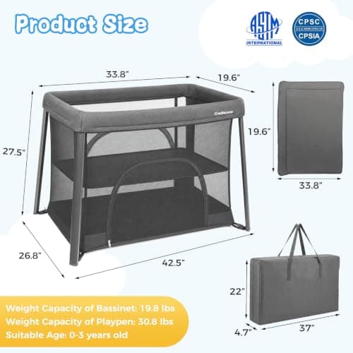 Cradlecare Travel Pack and Play with Bassinet & Mattress, Lightweight Portable Baby Bed, Foldable Playard for Travel & Home, Easy Setup Playpen for Babies & Toddlers with Storage Bag (Grey) - Thumbnail 2
