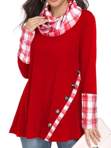 Miusey Long Sleeve Tunic Tops for Leggings Cowl Neck Sweatshirt with Asymmetric Hem Lightweight Pullover Sweaters Dressy Casual Red Pink Plaid XXL - Image 1