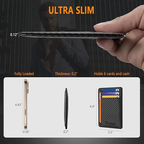 Travelambo Front Pocket Minimalist Leather Slim Wallet RFID Blocking Carbon Fiber Texture(Black) - Thumbnail 3