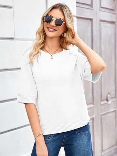 ZDC Women's Short Sleeve Sweaters 2026 Fall Lightweight Loose Fit Knit Pullover Tops White - Thumbnail 3