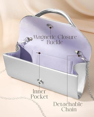 XquiziFit Evening Bag Formal Clutch Purses for Women Metal Handle Evening Clutch Women's Evening Handbags with Detachable Chain PU Leather Silver - Thumbnail 4
