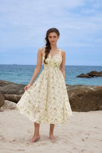 Summer Dress for Women 2026 Floral Milkmaid Sundress Midi Corset Dress Beige Green Floral L - Thumbnail 6