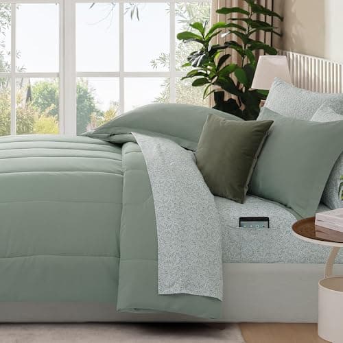 Monbix Full Comforter Set - 7 Pieces Sage Green Bed in a Bag Full Size Track Stitching Bedding Sets, All Seasons Comforter with Sheets,Pillowcases & Shams - Thumbnail 3
