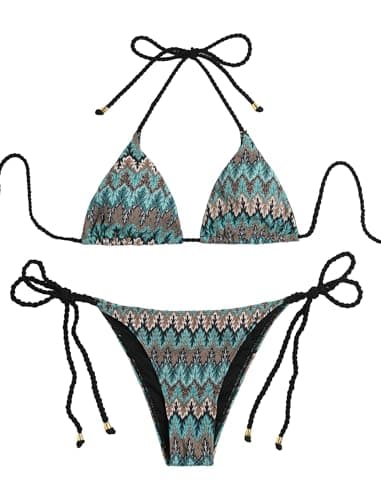 ZAFUL 2 Piece Triangle Bikini for Women Knitted Rope Halter Bikini Sets Sexy Bathing Suit Side Tie Swimsuits Beachwear Fluorescent Peacock Blue L - Image 1