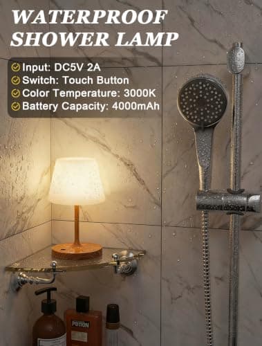Kakanuo Cordless Shower Lamp Waterproof, Cordless Lamp with 4000mAh Battery, Rechargeable Table Lamp, Touch Dimmable Desk Light for Outdoor, Kitchen, Bathroom, Camping, Patio, IP54 - Thumbnail 5