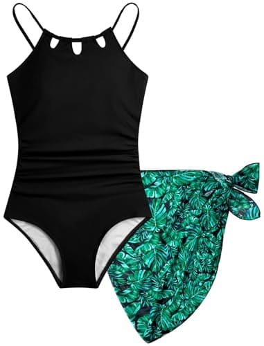 Bathing Suits for Teen Swimsuits for Girls 12-14 One-Piece Juniors Trajes De Baño para Niñas Hawaiian Black Palm Swim Cover Up Skirt Kids Tropical Cut Out Adjustable Straps Quick Dry Modest Swimwear - Image 1