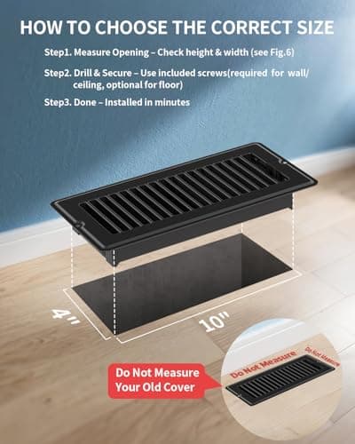 4x10 Floor Regsiter Vent Covers for Home Floor Wall Ceiling - Black with Screws for Easy Installation - Heavy Duty Steel Walkable Finish for Quiet Adjustable Air Vent Cover 4‘’ x 10‘’- 5 Pack - Thumbnail 2