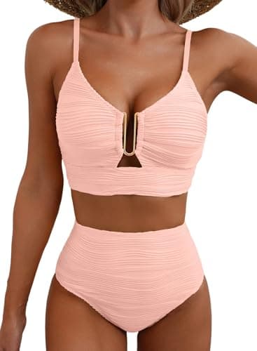 Herseas Sexy Bikini Sets for Women V-Wired Textured Cutout Popular Swimsuits Two Piece High Cut 2026 Summer Bathing Suit Vacation Essentials Baby Pink X-Small - Image 1