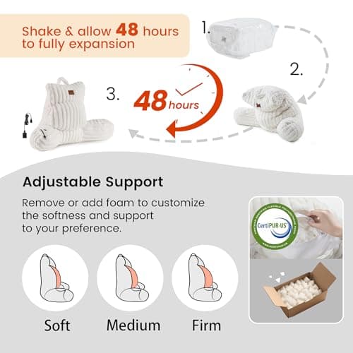 Amélie Home Heated Faux Fur Reading Pillow 3 Temperature Backrest for Sitting in Bed Support Cushion, USB-Powered(No Power Bank Included) Warming (113°F-131°F), 3H Auto Shutoff, Ivory, 18 Inches - Thumbnail 3