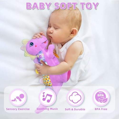 Baby Dino Musical Stuffed Animal Toys for 0-3-6-9-12 Months，Infant Dinosaur Tummy Time Toys with Crinkle Sound Paper,Teether，Textures & Rattles for Newborn Boys Girls Birthday Gifts，Purple - Thumbnail 5