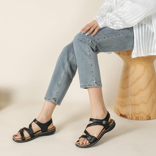 Goldnut Flat Black Sandals For Women Dressy, Ankle Strap Arch Support Black Walking Comfortable Flats Open Toe Sandal Medium US Size 9 - Thumbnail 2