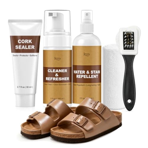 Jevvu Shoe Cleaning Kit Compatible with Birkenstock Sandals, 5-in-1 Shoe Care Kit with Footbed Cleaner, Cork Sealer, Protector Spray, Brush & Towel for Suede, Leather, Nubuck & Cork - Image 1