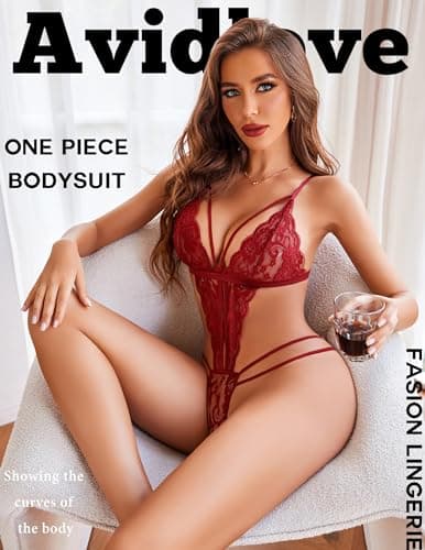 Avidlove Women Deep V Lingerie Teddy One Piece Bodysuit Lace Babydoll Bodysuit Lingerie Wine Red M - Thumbnail 3