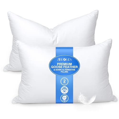 zibroges Feather Pillows Queen Size Set of 2 - Goose Down Hotel Bed Pillow for Sleeping, Soft 600 Thread Count Cotton Cover, Fluffy Support Surround Fill Polyester for Side, Back and Stomach Sleepers - Image 1