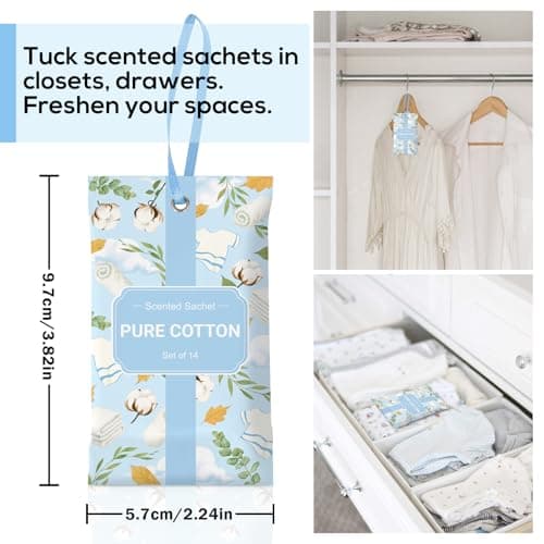 SCENTORINI Scented Sachets for Drawers and Closets, Pure Cotton Scent 14 Pack, Long-Lasting Sachets Bags Wardrobe Freshener, for Luggage, Wardrobe, Cupboard, Handbag, Suitcases, Small Space - Thumbnail 4