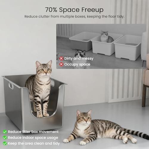Stainless Steel Litter Box 11.8'' High Sides, XL Metal Cat Litter Box with Curved Low Entry, Cat Litter Pan for Big & Multiple Cats, Pet Toliet with Handy Wheels for Easy Moving - Thumbnail 6