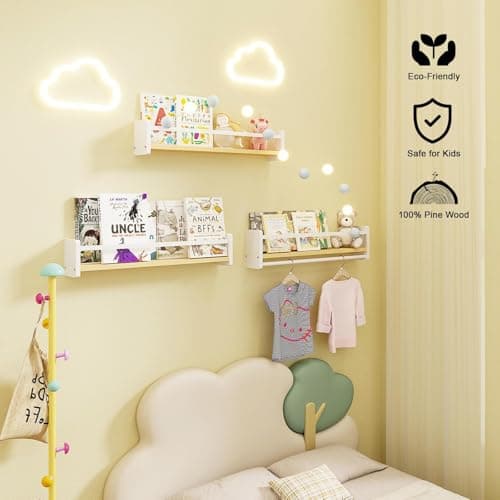 MXCSE Nursery Floating Bookshelf for Kids, Wall Mounted Kids Book Shelf with Toy Storage, Pine Wood Nursery Shelves for Playroom, Bedroom, Toddler Room, Set of 3 (White & Wooden, 24 in) - Thumbnail 6