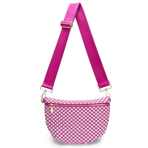 WOOMADA Checkered PU Bum Bag Sling Purse with Adjustable Strap for Travel(Rose Red White Check) - Image 1