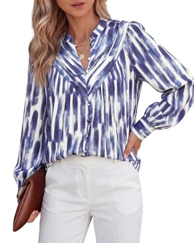 BTFBM Womens Tops Dressy Casual Spring 2026 Boho Floral V Neck Long Sleeve Half Button Down Shirt Work Business Blouses(Striped White Blue, Small) - Image 1