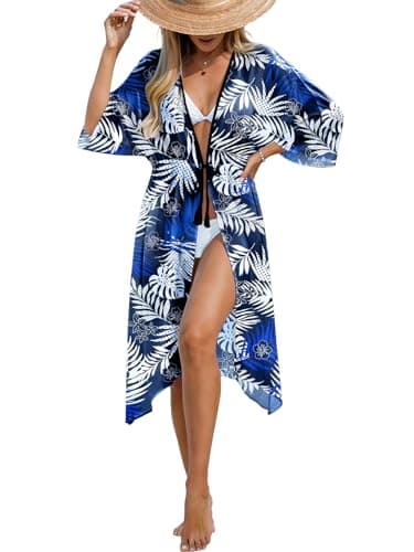 Womens Swimsuit Coverup Casual 3/4 Sleeve Cardigans Swimsuit Summer Beach Cover Ups with Tropical Prints Navy Blue - Thumbnail 2