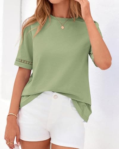 BTFBM Short Sleeve Shirts for Women 2026 Lace Summer Tops Spring Casual Loose Crew Neck T-Shirt Cute Vacation Outfits(Light Green, X-Large) - Thumbnail 4