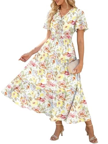 GRACE KARIN Womens Summer Floral Maxi Dresses 2026 Short Sleeve V Neck Dress Casual Flowy Beach Vacation Sundress with Pockets Orange Yellow Floral S - Image 1
