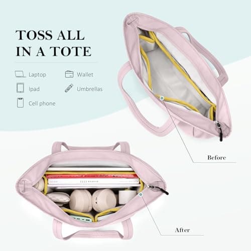 GOLF QUALITY Tote Bag for Women, Work Bags with Zipper Computer Laptop Shoulder Handbag with Compartments for Travel, Daily,Fit 14Inch,Pink - Thumbnail 3