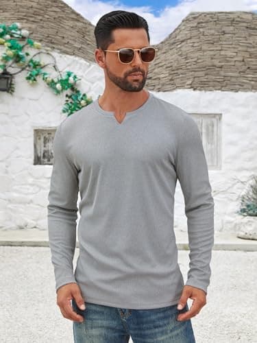 Hardaddy Men's V Neck Long Sleeve Ribbed Casual T-Shirt Solid Tee Shirts Light Gray XL - Thumbnail 4