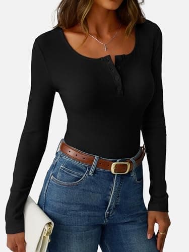 GKBK Ribbed Long Sleeve Tops for Women Henley Neck Slim Fitted Tight Basic Tee Tshirts Cute Fall Tops 2025 Trendy Outfits Clothes Black XL - Thumbnail 3