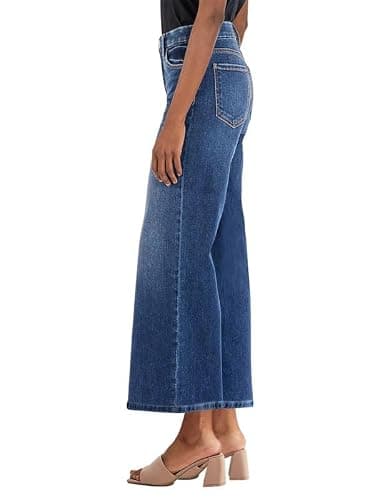 Genleck Women's Wide Leg Jeans – Trendy Cropped Loose Jeans High Waisted Stretchy Capri Denim Pants Baggy Trousers 2024(Marines Blue, 12) - Thumbnail 4