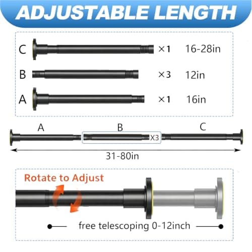 CorkLatta Black Shower Curtain Rod 31 to 80 Inch,1 Inch Diameter Heavy Duty Adjustable Spring Tension Stainless Steel Telescopic Rod,Easy Install,No Rust - Thumbnail 4