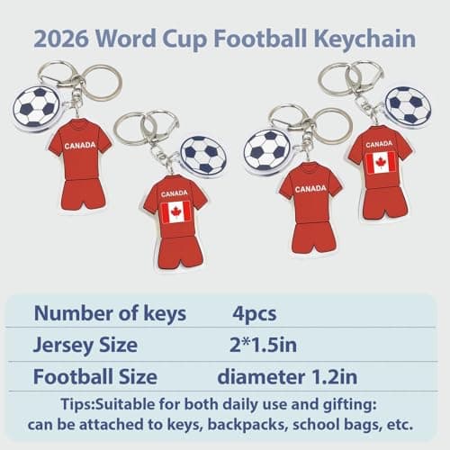 Azheeuiy 2026 World Cup Soccer Keychain,Football Ball Key Chain for Sport Soccer Fan Gifts & Party Favors,Suitable for Keys, Gym Bags & Backpacks (4PCS) (Canada) - Thumbnail 4