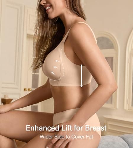 DEANGELMON Seamless Wireless Bras for Large Bust Women No Underwire Full Coverage T-Shirt Bra Comfort V Neck Everyday Bras(Skin,XXXL) - Thumbnail 3