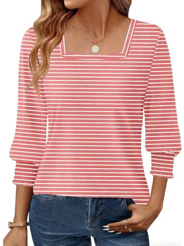 GKBK Womens 3/4 Sleeve Shirts Square Neck Dressy Casual Blouses Spring Summer Smocked Cuffs Tops