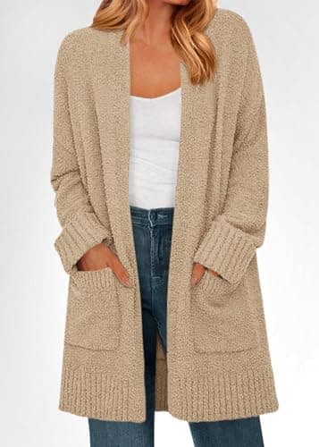 KIRUNDO Cardigan Sweaters for Women 2026 Fall Chunky Fuzzy Knit Open Front Loose Long Sleeve Sweater Coats Winter Clothing(Camel, Large) - Thumbnail 4