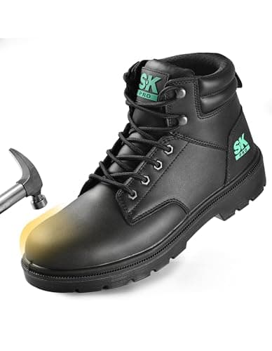 SKPRO Steel Toe Work Boots for Men, Lightweight Non Slip Boots, Safety Toe Construction Leather Water-Resistant Shoes (Black, 9) - Image 1