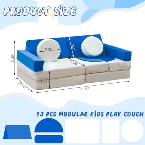 Stmoze 13PCS Modular Kids Play Couch, Kids Couch with Washable Velvet Cover, 5 Seconds Instant Expansion,Convertible Foam and Floor Cushion for Nursery Playroom, Blue & Beige - Thumbnail 2