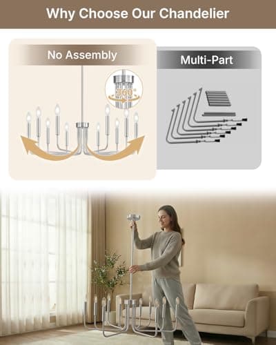 Yunnix 10 Light Brushed Nickel Chandelier, 33" Extra Large Modern Farmhouse Hanging Fixture - Sleek Silver Chandelier Dining Room Light for Kitchen Island, Living Room, Hall, Foyer - Thumbnail 6