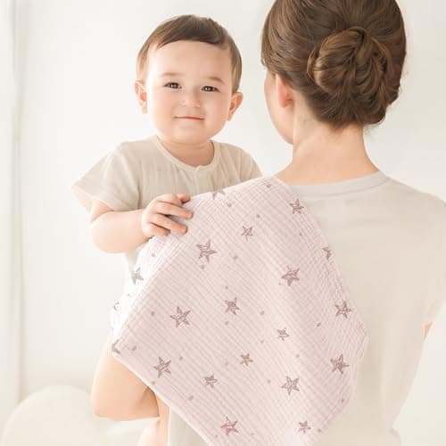 Susurration Muslin Burp Cloths Baby Washcloths 100% Cotton Burp Cloths Baby Girl 5 Pack, Absorbent and Soft Cloth Diapers 23.6 * 23.6 inch, Baby Girl Newborn Essentials-Pink Star - Thumbnail 2
